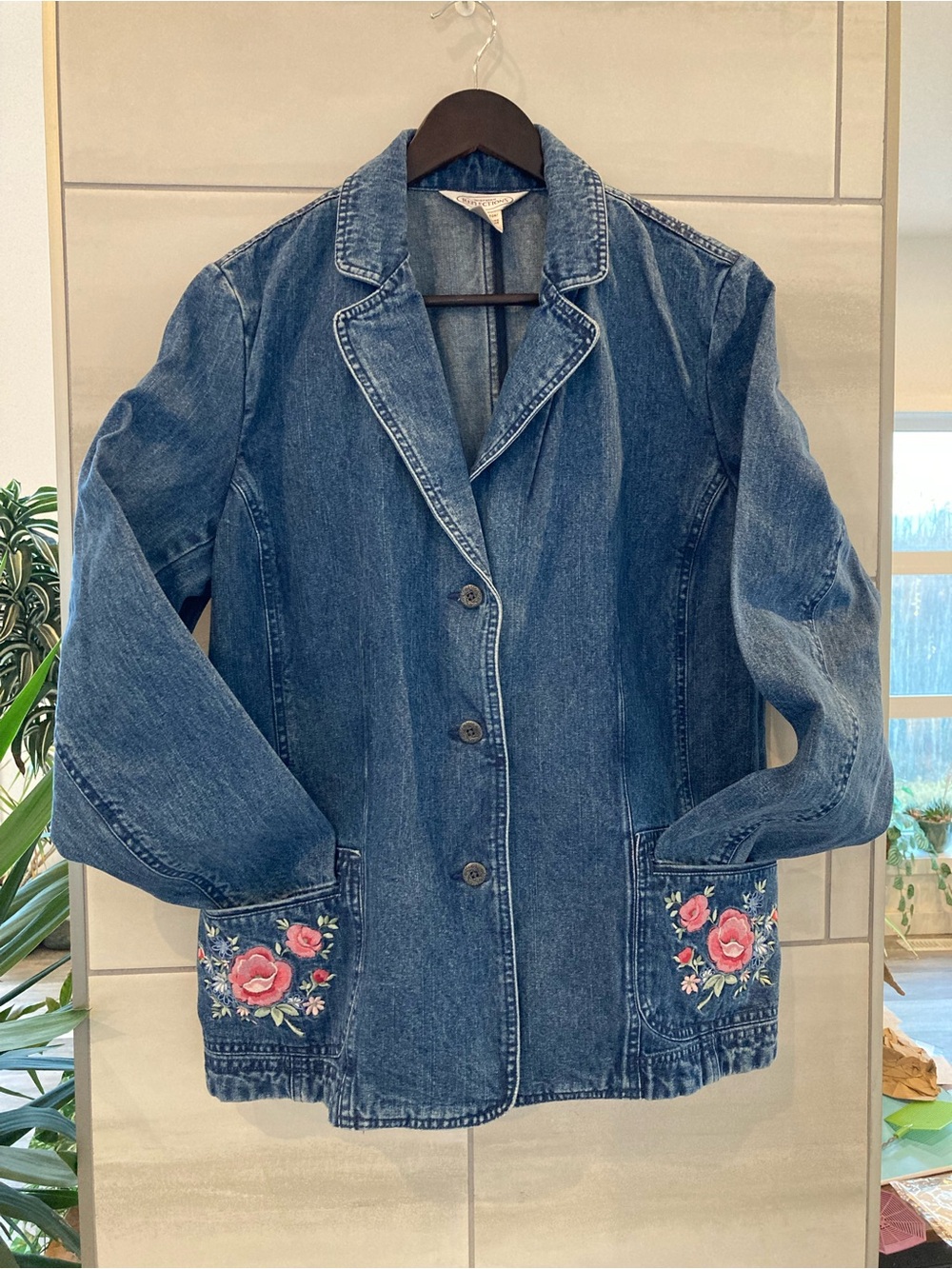 Northern Reflections Blue Denim Blazer with Floral Pocket Embroidery